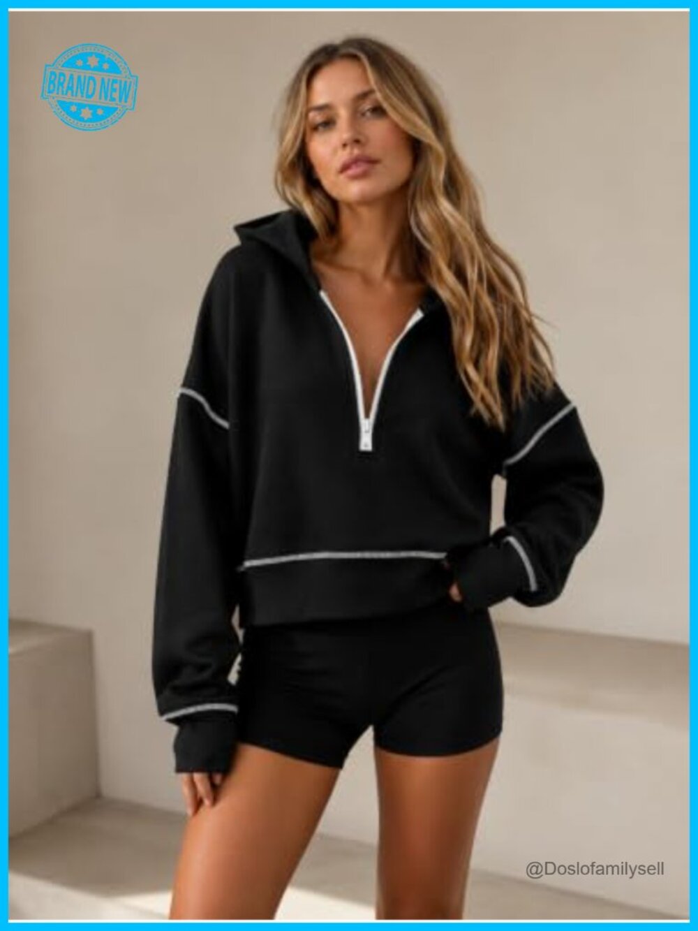 Women's Half Zip Fleece Lined Hoodie Sweatshirt Contrast Stitch Pullover
